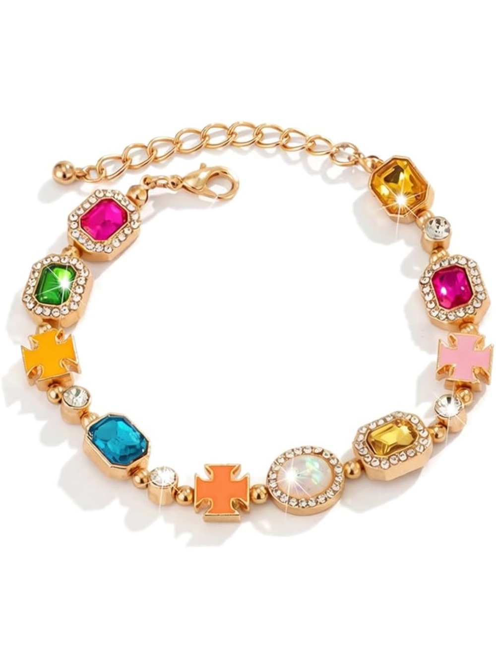 Anthropologie Gold-Tone Multicolor Gem & Cross Charm Bracelet